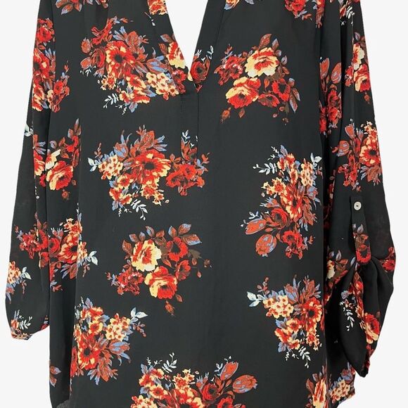 DANIEL RAINN Black Red Floral V-Neck Long Sleeve Oversized Loose Fit sz L Large - Picture 3 of 16